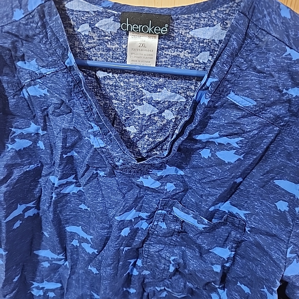 Cherokee Navy Shark Pattern Scrub Top